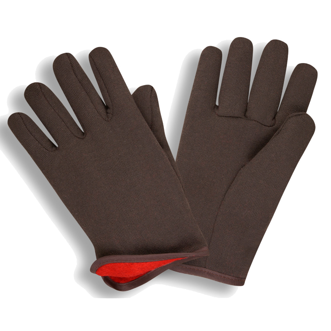 Brown Jersey Glove, 14 oz,Red Felt Lined. 12 dozen.